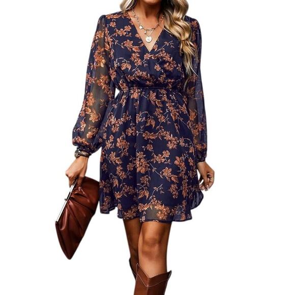 Cupshe Navy Orange Floral Chiffon Dress | Travel V-Neck Swim Coverup, M, NEW NWT - Picture 1 of 14